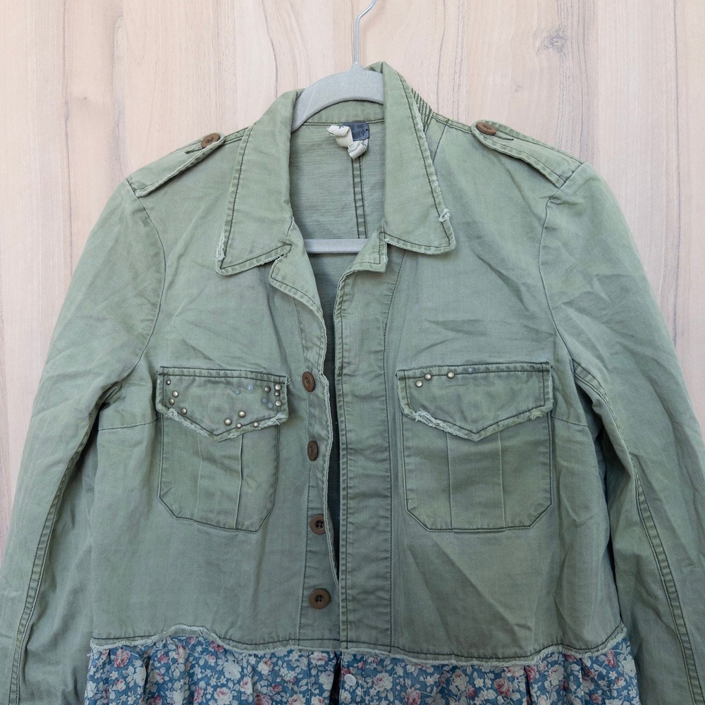 We The Free Military Jacket Small Green Floral‎ Ruffle Studded Utility Boho - Picture 3 of 8